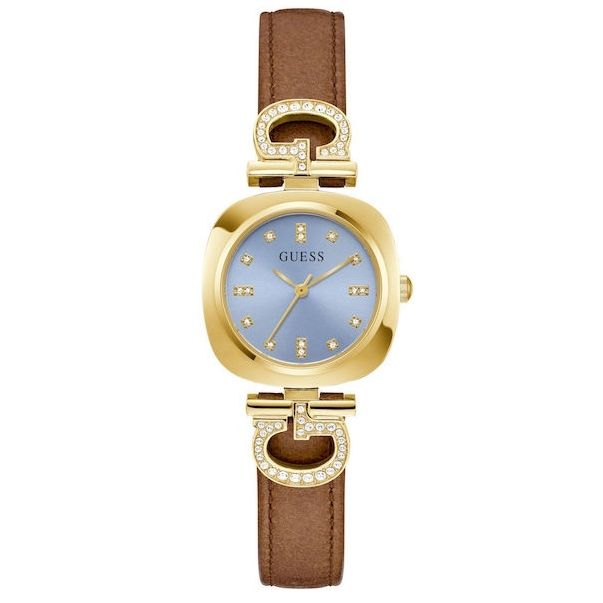 Elegant GUESS Mod. GABBY watch with gold-tone case and brown leather strap, featuring a blue dial and sparkling crystal markers.