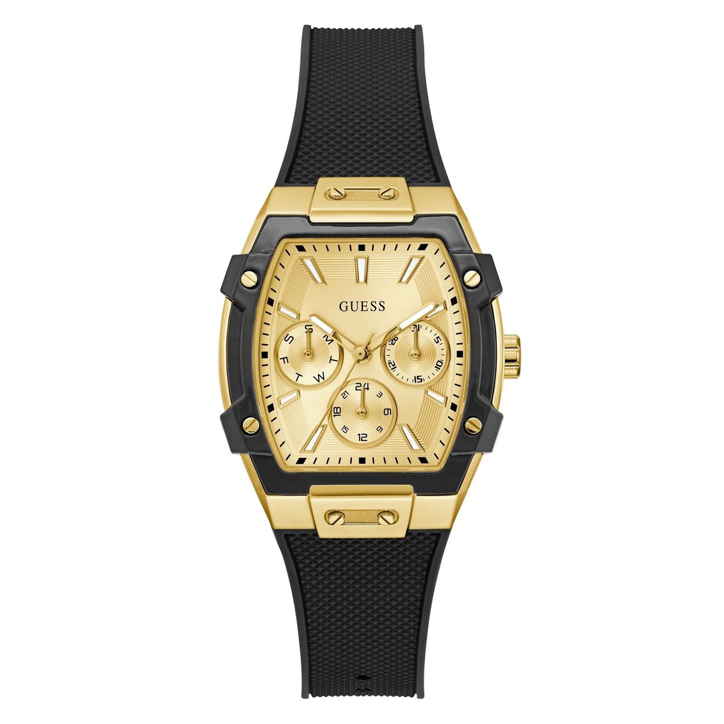 Luxury black and gold GUESS Mod. PHOENIX 35 watch with chronograph design and rubber strap.