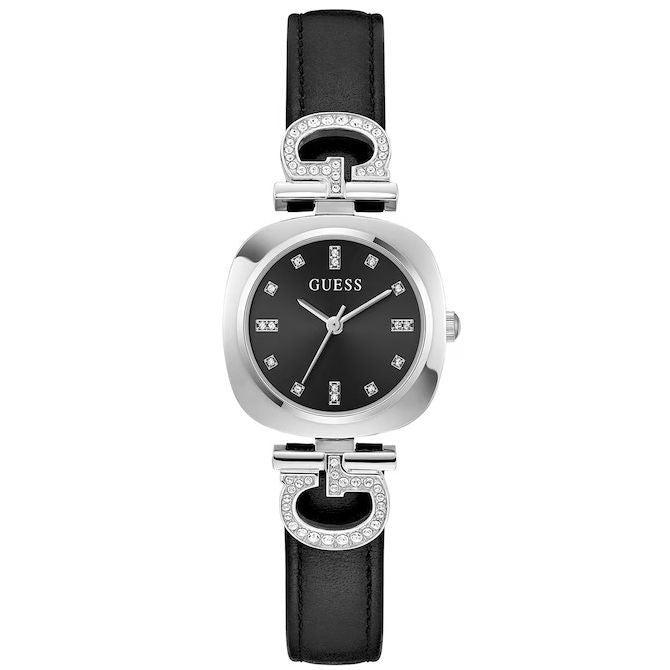 GUESS WATCHES Mod. GW0938L1 with black leather strap and silver accents on the elegant watch face.