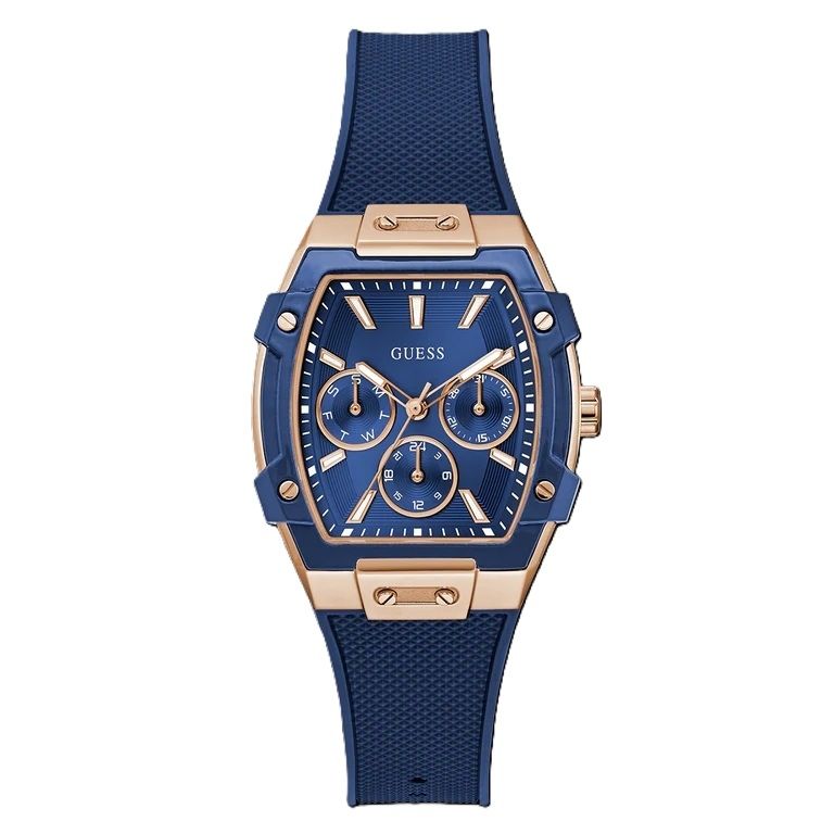 Stylish GUESS Mod. PHOENIX watch with blue and gold design, featuring a textured strap and elegant chronograph dial.