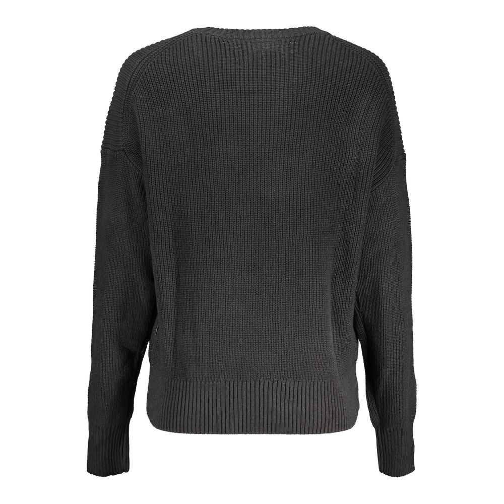 Back view of Guess Jeans Black Cotton Sweater with long sleeves, V-neck, and contrasting details.