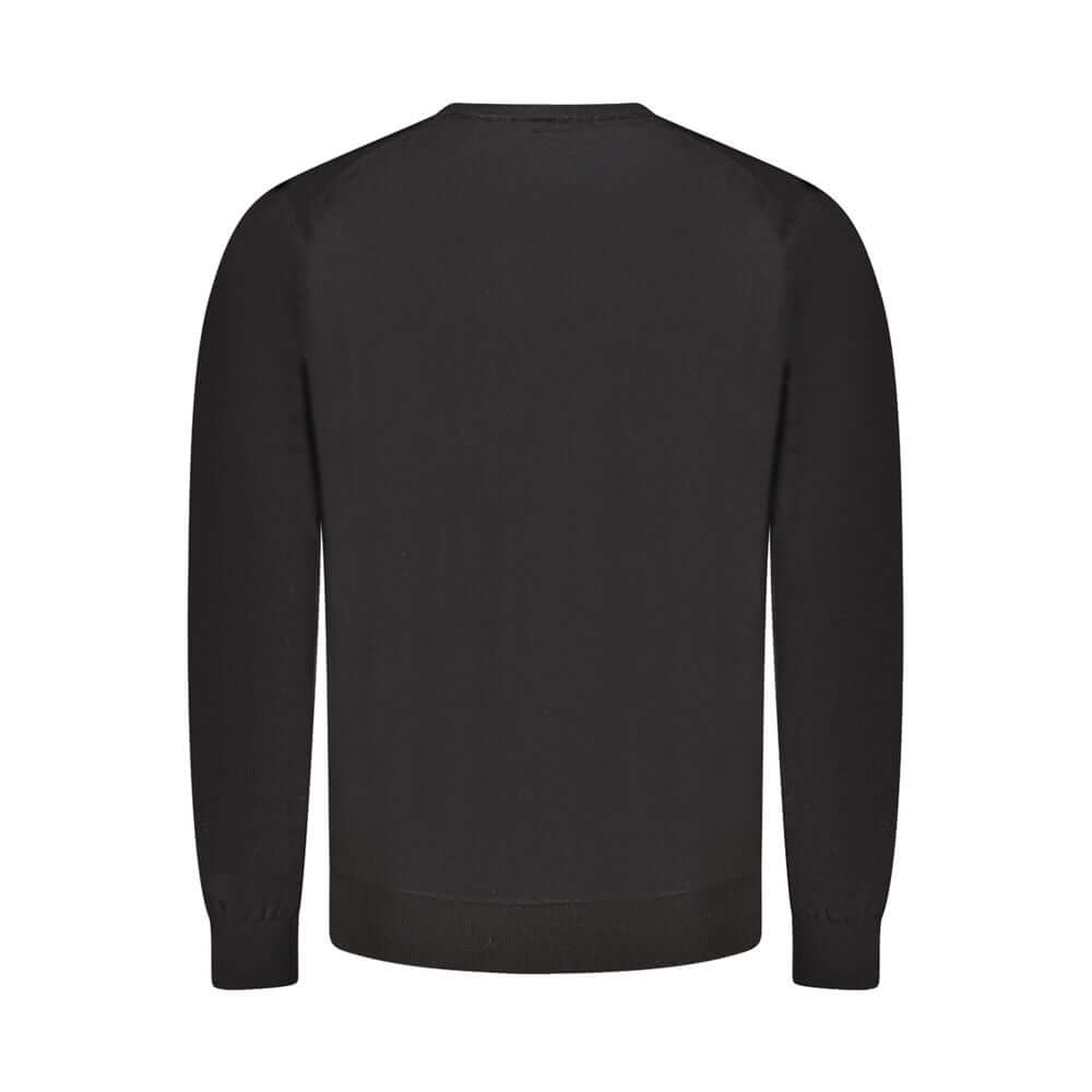 Back view of Guess Jeans Black Wool Sweater with long sleeves and crew neck, featuring a subtle logo design.