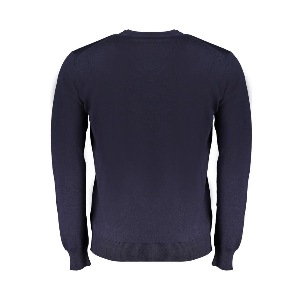 Back view of Harmont & Blaine Blue Wool Sweater, long-sleeved, crew neck, with logo embroidery, perfect for casual wear.