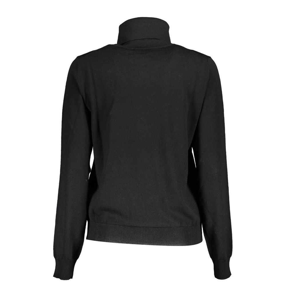 Back view of K-WAY Black Wool Sweater, long-sleeved, round neck, with logo application.