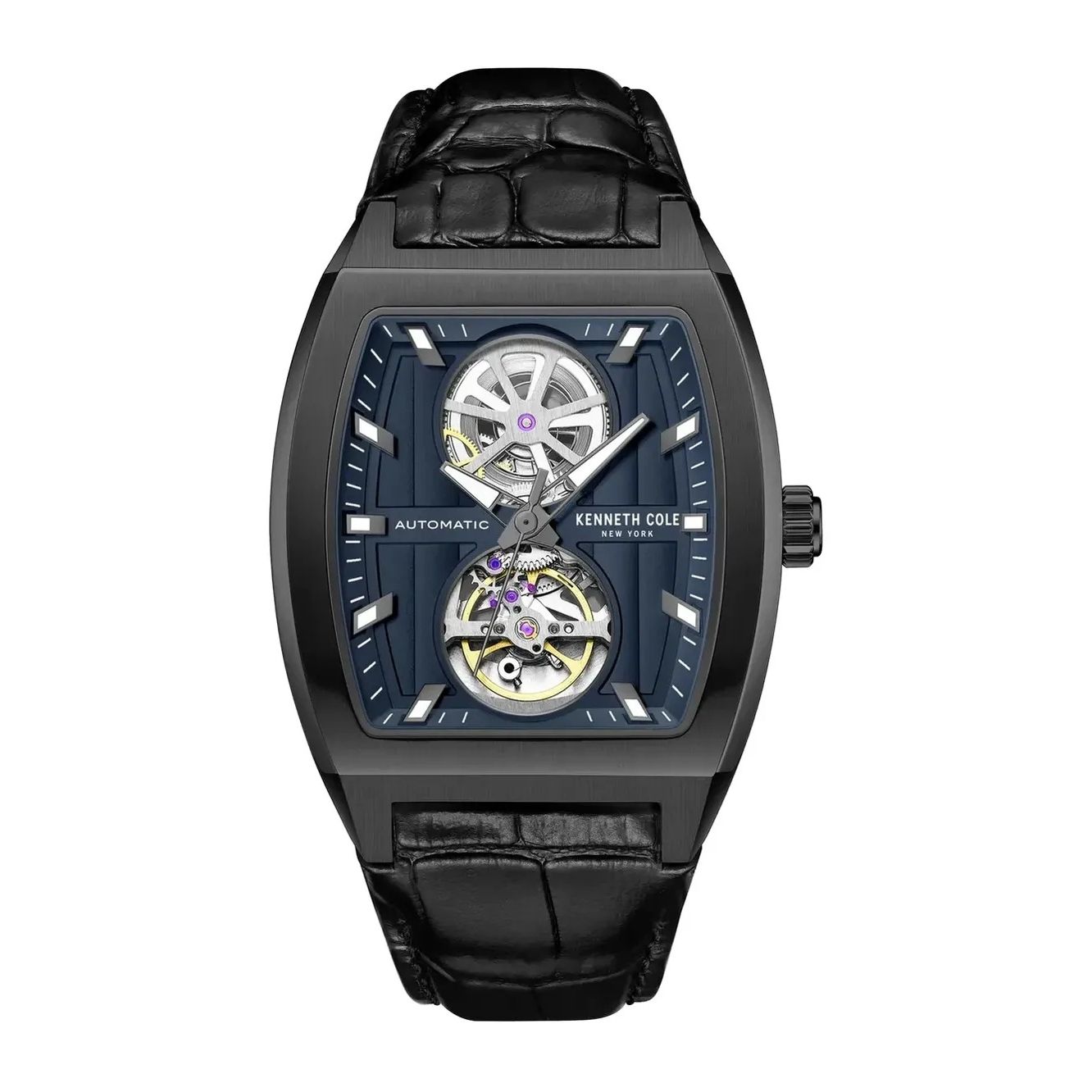 KENNETH COLE WATCHES Mod. KCWGX0058802 automatic watch with black leather strap and intricate dial design.