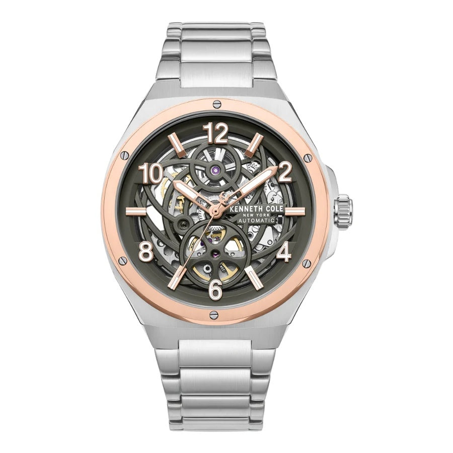 KENNETH COLE WATCHES Mod. KCWGY0080301 with silver and gold accents showcasing exposed clockwork design on stainless steel bracelet.