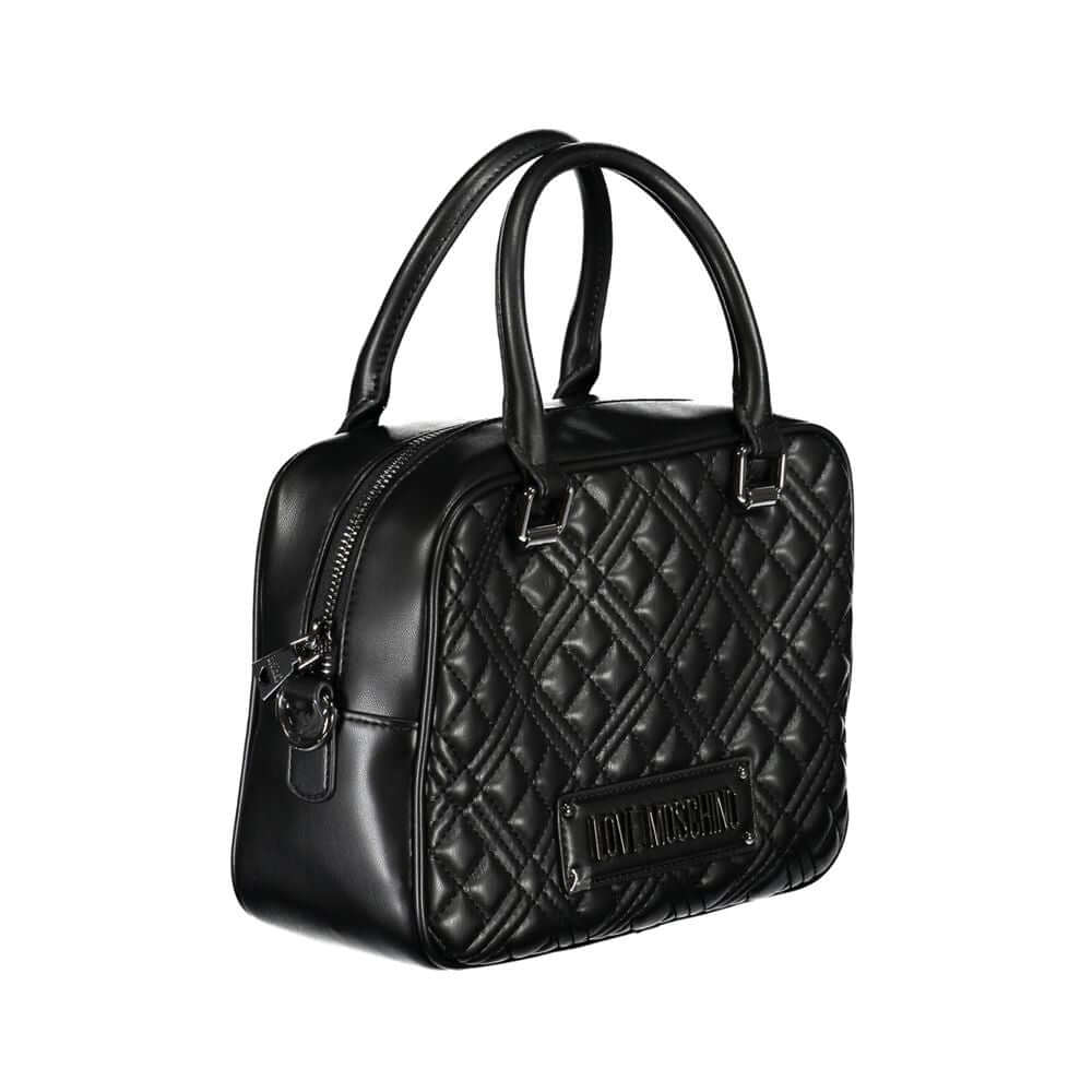 Love Moschino Black Polyethylene Handbag with adjustable strap, zip closure, and logo, showcasing quilted design and contrast details.
