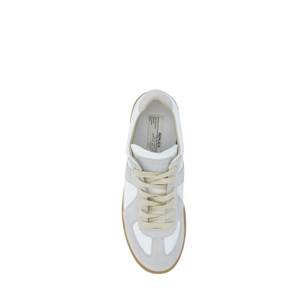 Margiela White Rubber Low Top Sneakers with calfskin and suede detailing, gum sole, front lace-up, paneled design, AW25 collection