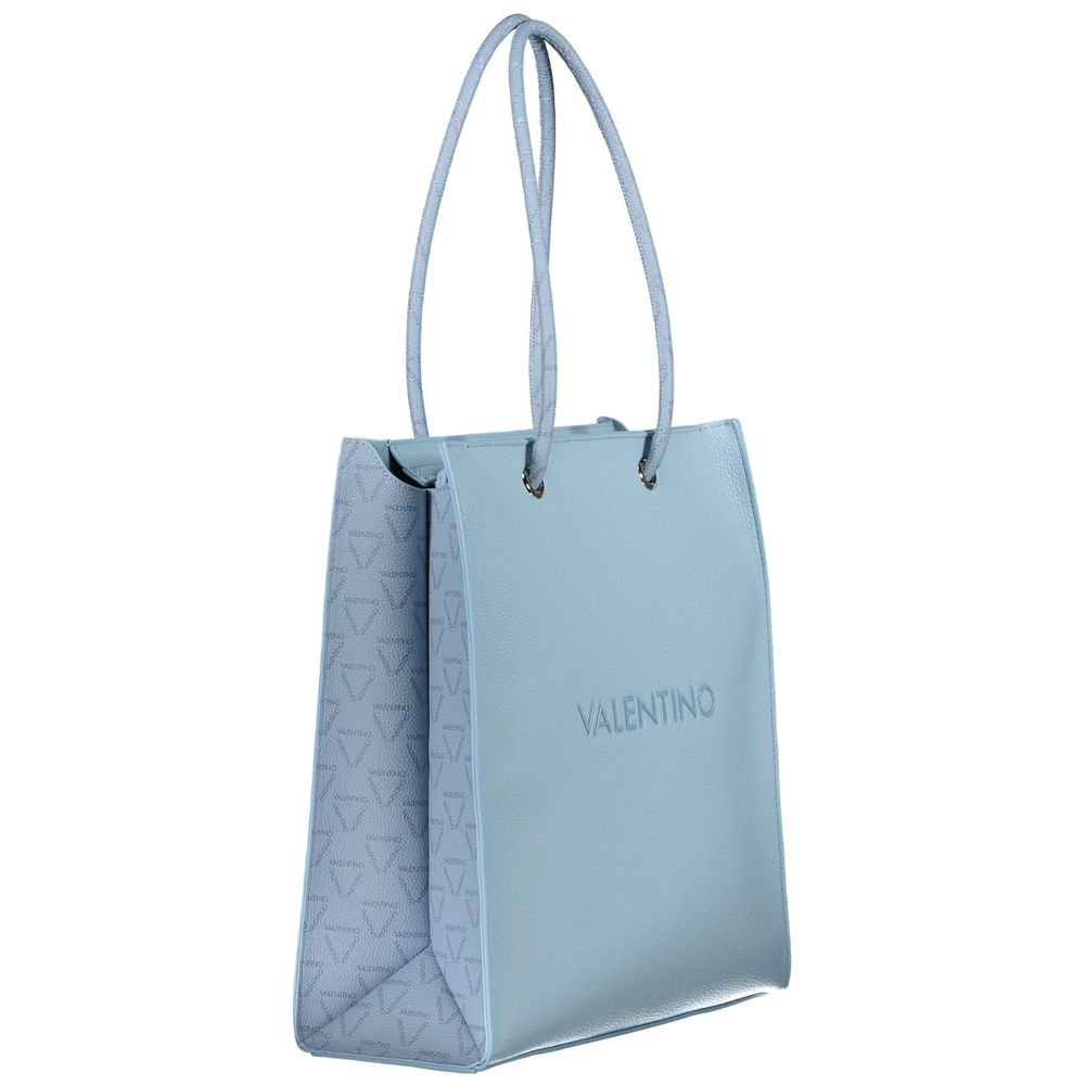 Mario Valentino Blue Polyethylene Handbag with adjustable shoulder handle, zip closure, logo, and contrasting details.