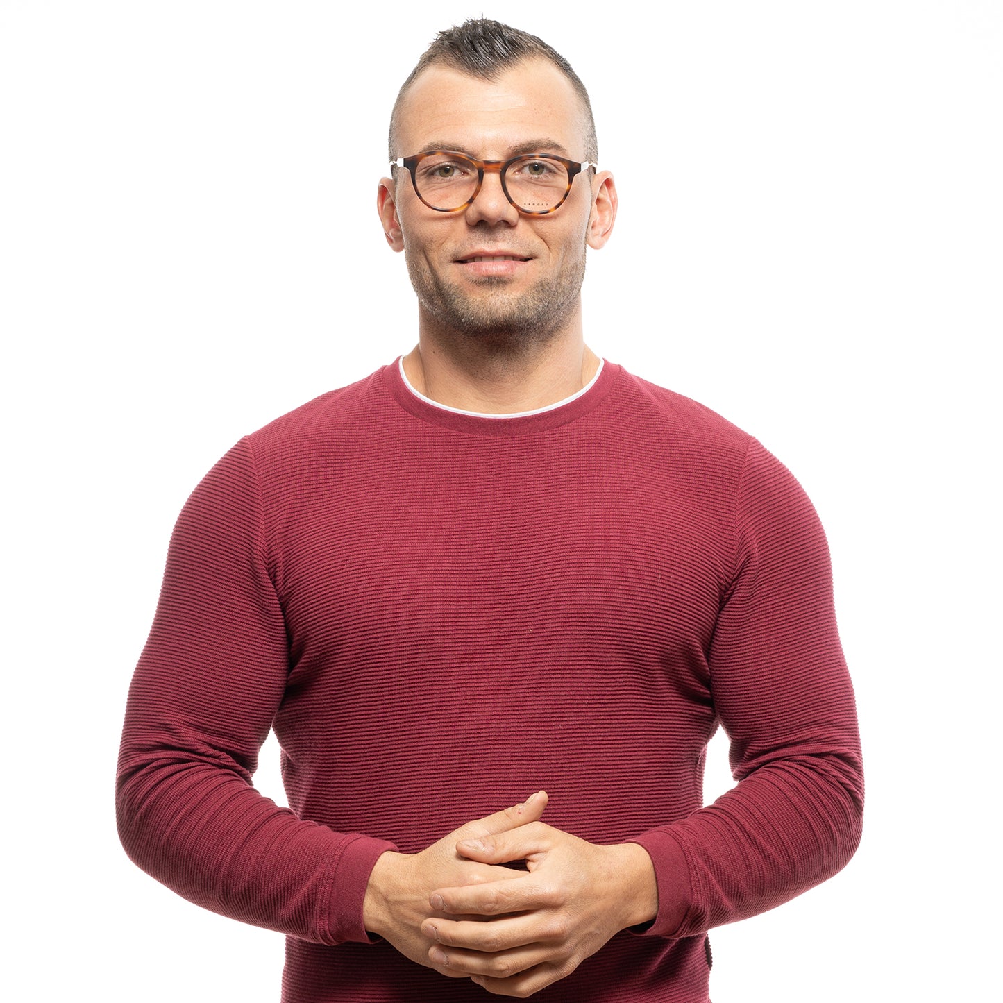 Man in red sweater with glasses on white background