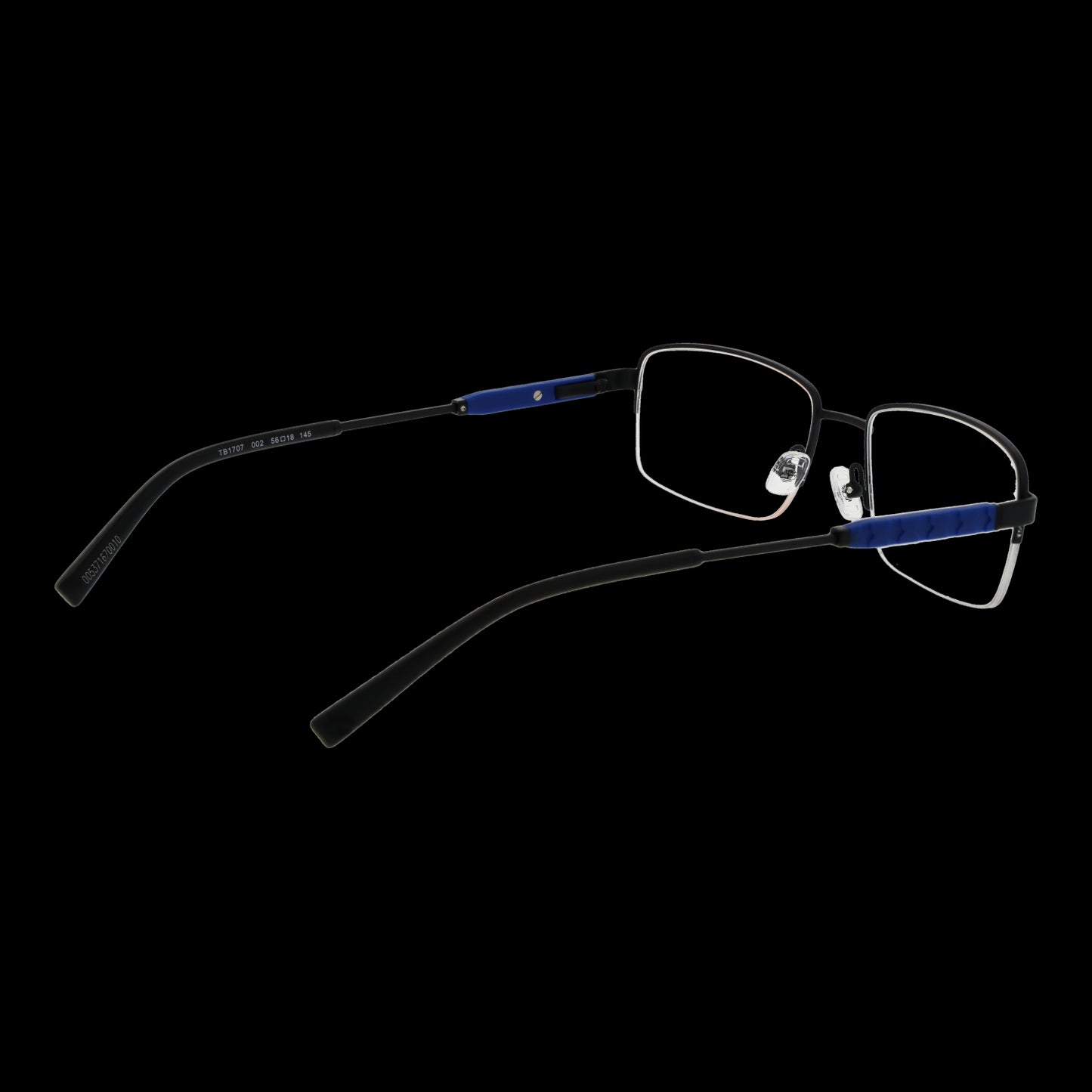 Gent's eyewear - TIMBERLAND MOD. TB1707 56002 sleek rectangular glasses with blue accents on black frame.