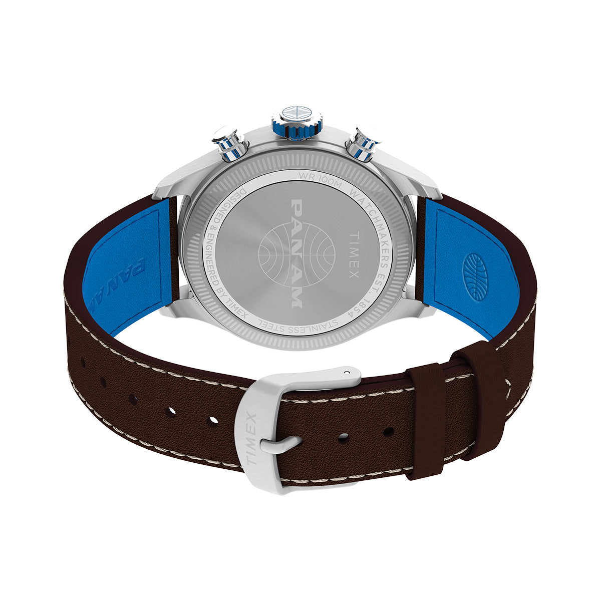 Back view of TIMEX WATCHES Mod. TW2Y38700 with brown leather strap and blue accents.