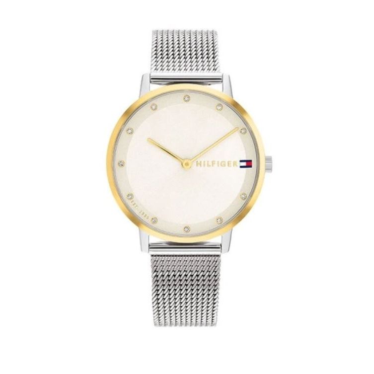 TOMMY HILFIGER Mod. 1782667 ladies quartz watch with gold dial, 34mm case, analog display, and mesh bracelet, water resistant to 3 ATM.