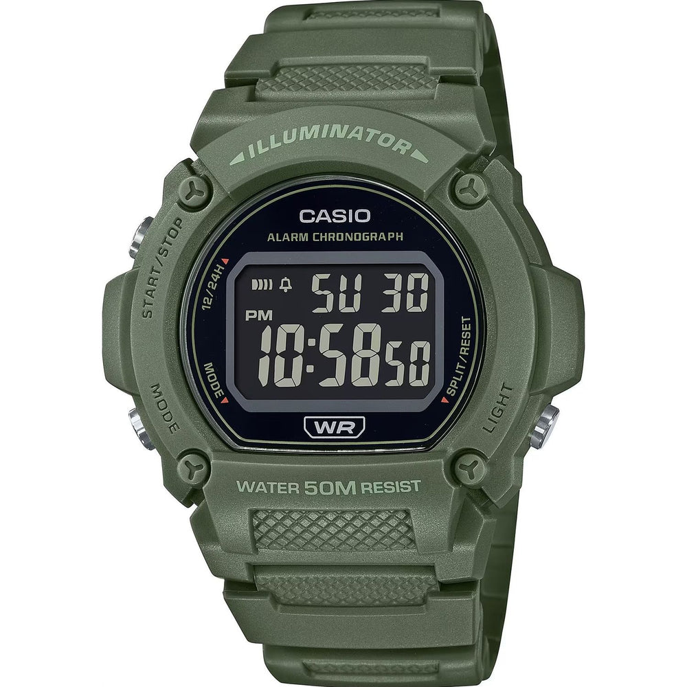 CASIO TIMELESS COLLECTION Mod. SPORT- ILLUMINATOR. WR 50M. ALARM. CHRONOGRAPH - ARMY GREEN - COLORED SERIE W-219HC-3BUDF