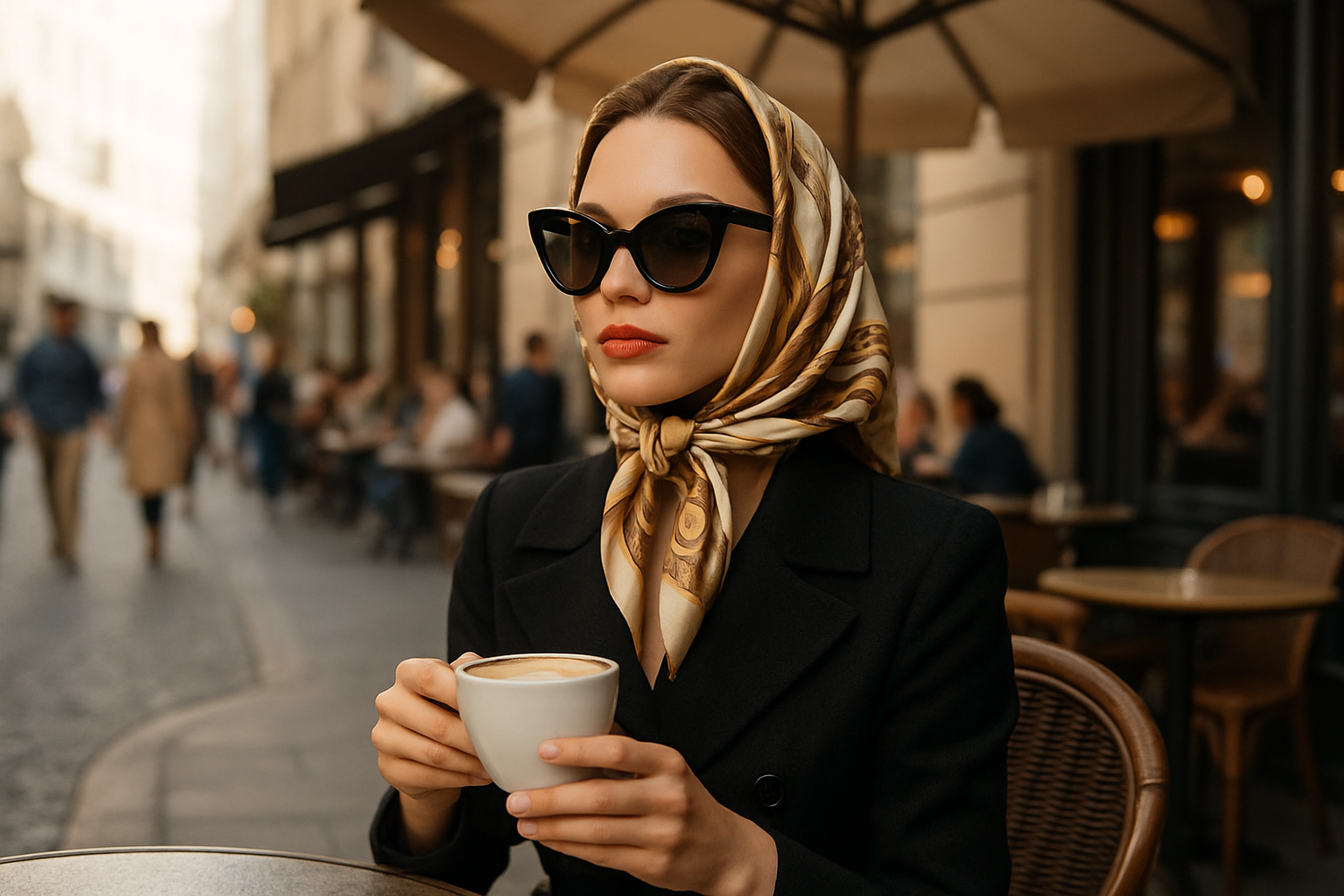 woman in a scarf wearing a sunglasses sitting with coffee 