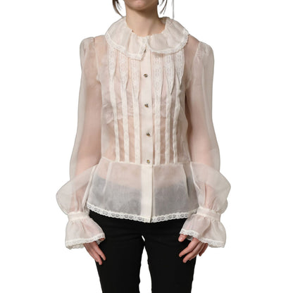 Dolce & Gabbana White Ruffled Sheer Silk Buttoned Blouse Top