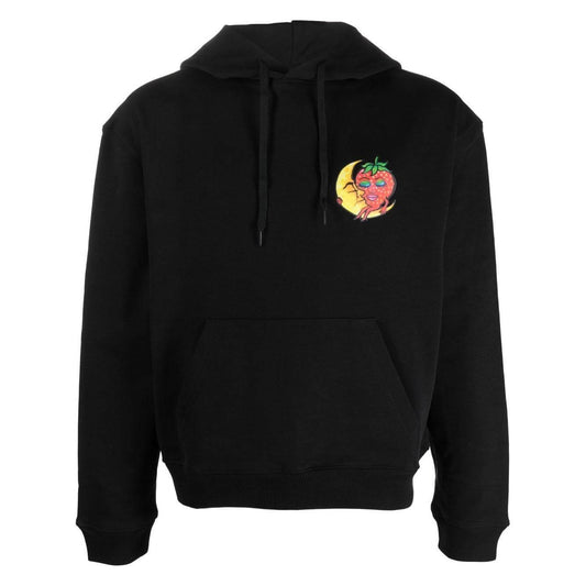 Black Sky High Farm Workwear hoodie with graphic chest print, drawstring hood, long sleeves, and recycled cotton material.