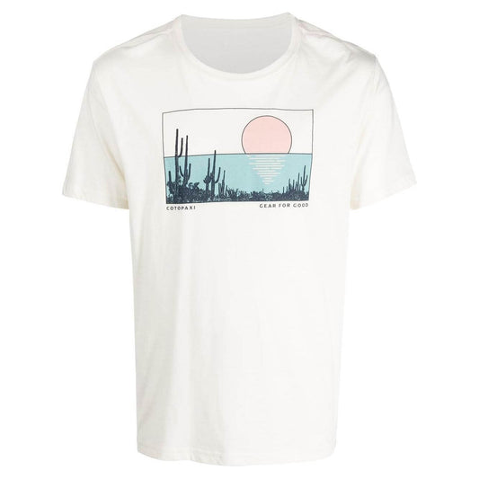 COTOPAXI white graphic-print T-shirt with round neck and short sleeves, featuring organic cotton blend and desert sunset design.