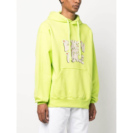 Neon green Bonsai slogan-print hoodie with drawstring hood, front pouch pocket, ribbed cuffs and hem, worn by model.