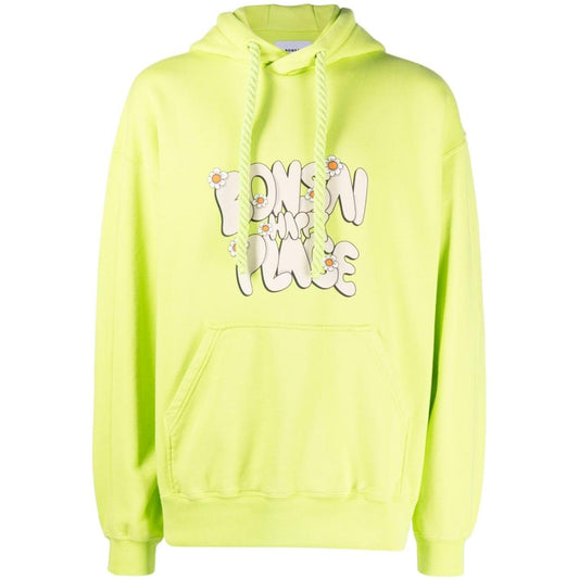 Neon green Bonsai slogan-print hoodie with drawstring hood and front pouch pocket, featuring ribbed cuffs and hem, made of cotton.
