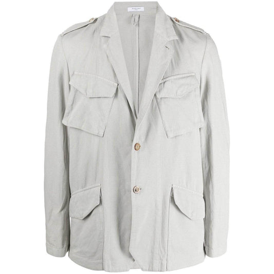 Light grey Boglioli white single-breasted jacket with notched lapels, four front flap pockets, and cotton-linen blend.