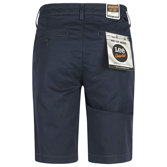 Back view of Lee blue cotton shorts, regular fit, size 32, true to size with Lee logo tag shown.