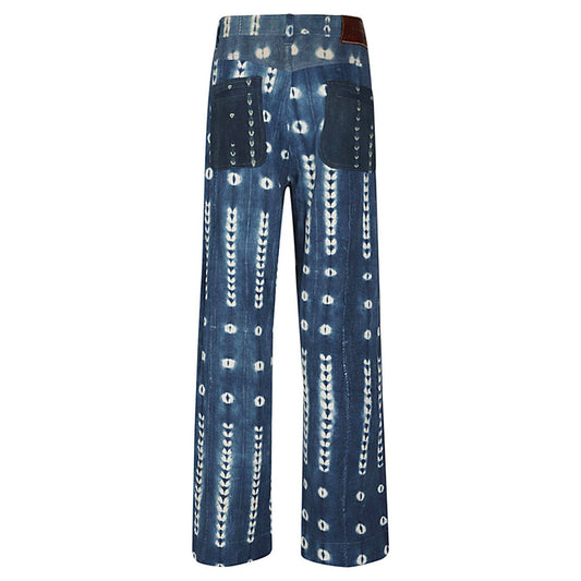 WALES BONNER blue tie-dye denim jeans with wide leg, button and zip closure, rear view showing two back pockets.