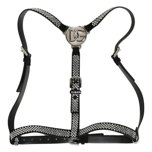 Dolce & Gabbana Black Leather Rhinestones Embellished Men Suspender