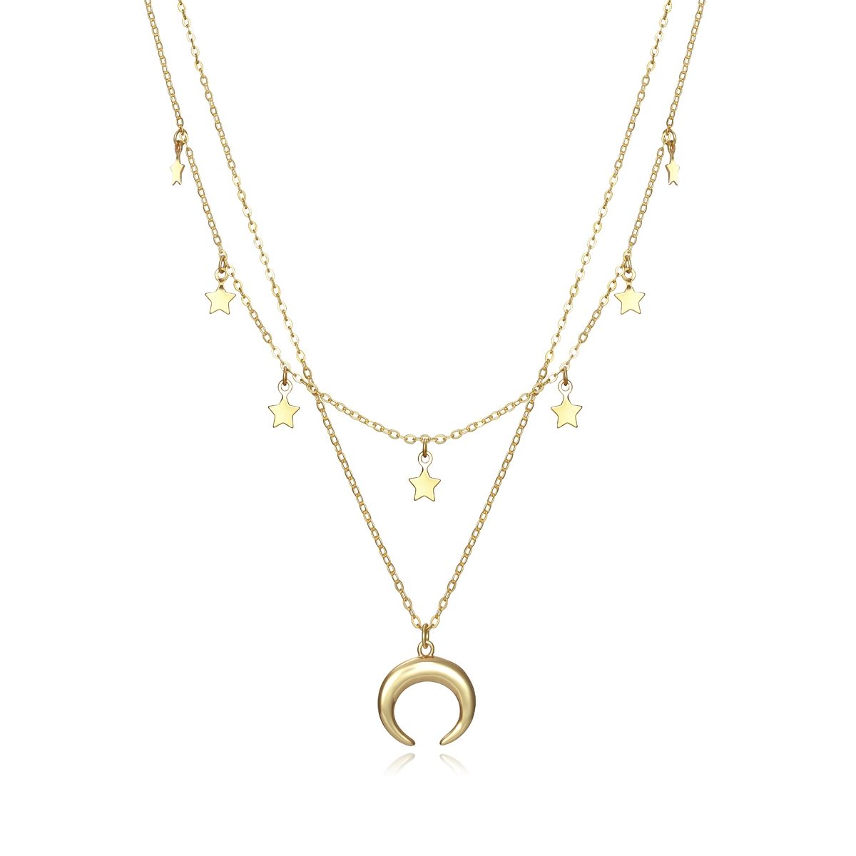 Elegant gold layered necklace with star charms and crescent moon pendant, stylish design for fashion-forward individuals.