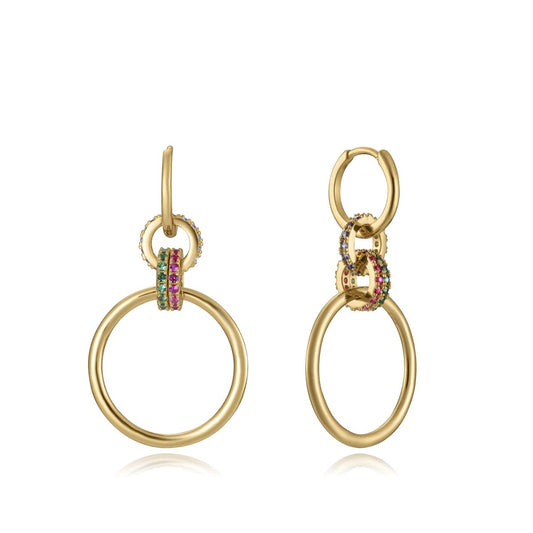 Gold hoop earrings with colorful gemstones and small hoops, modern design. Perfect accessory for stylish occasions.