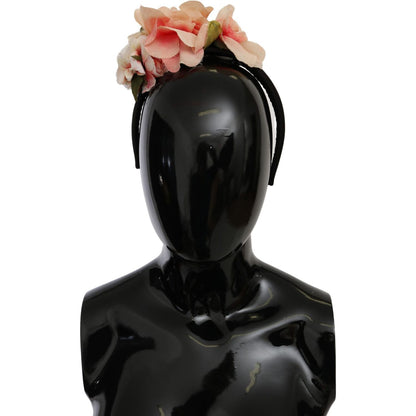 Dolce & Gabbana Pink Silk Black Floral Headband Logo Diadem