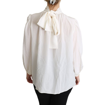 Dolce & Gabbana White Silk Pussy Bow Long Sleeved Top Blouse