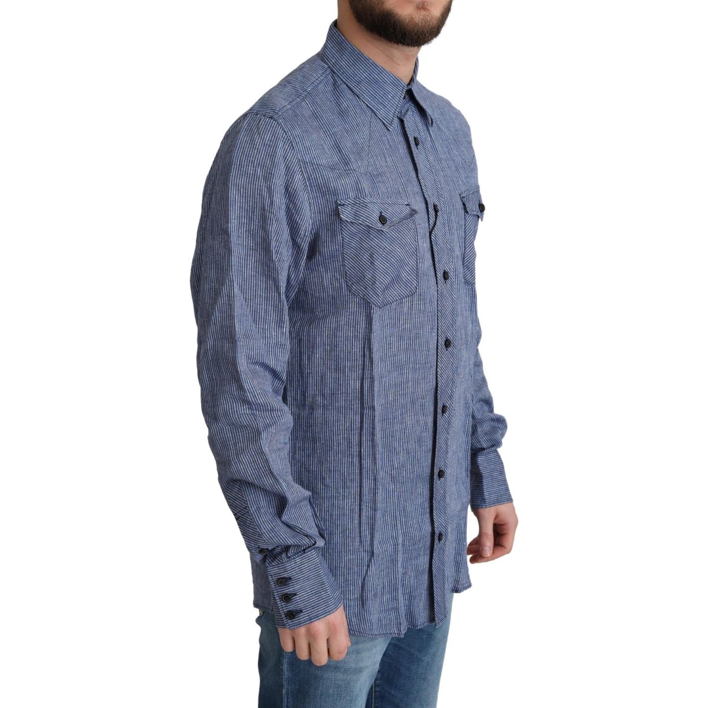 Dolce & Gabbana Blue Stripes Men Casual Button Down Shirt