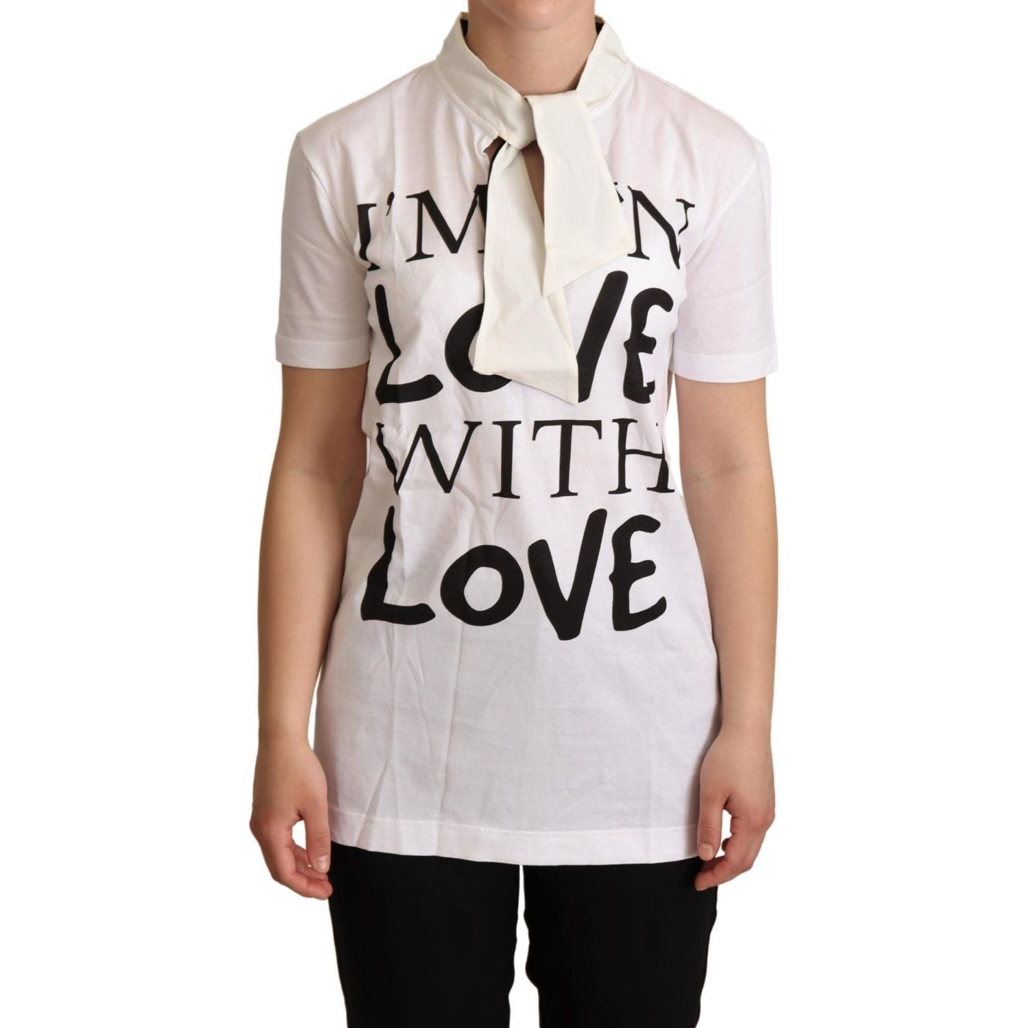 تي شيرت Dolce &amp; Gabbana Chic White Love Motif من مزيج الحرير