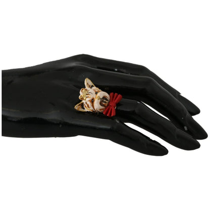 Dolce & Gabbana Beige Dog Pet Branded Accessory Gold Brass Resin Ring Ring