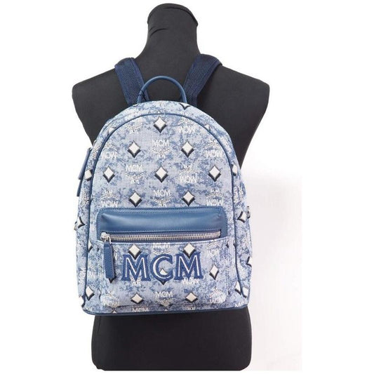 MCM Stark Small Blue Vintage Jacquard Monogram Logo Fabric Backpack Bookbag 36474