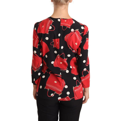 Dolce & Gabbana Black Sicily Bag Print Silk Stretch Top Blouse Blouse Top