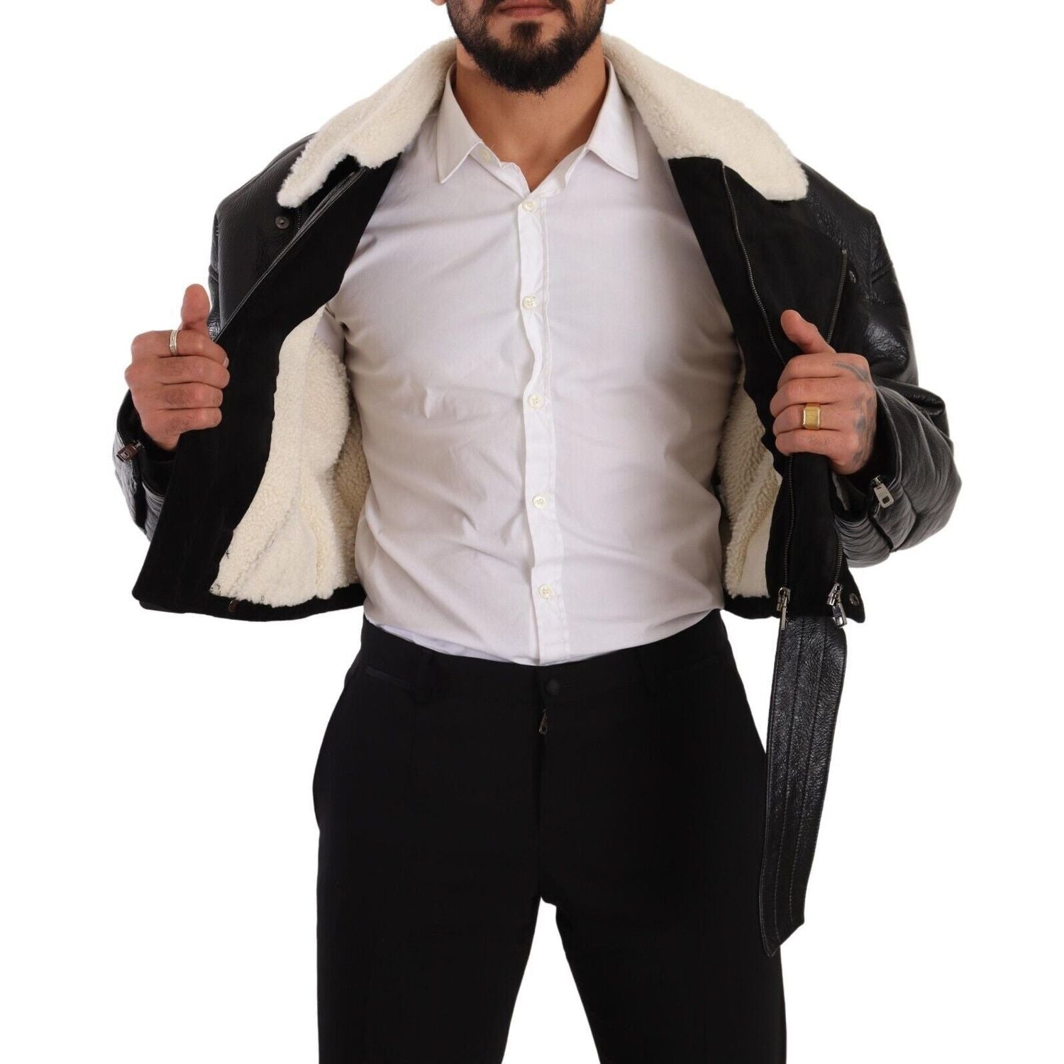 Dolce & Gabbana Black Leather Shearling Biker Coat Jacket