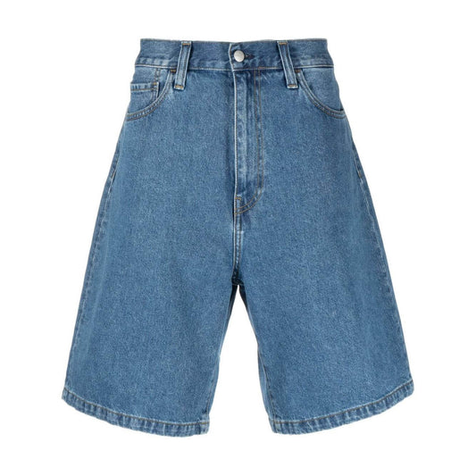Front view of blue Carhartt WIP MAIN denim shorts featuring five pockets and a logo patch, perfect for casual summer wear.