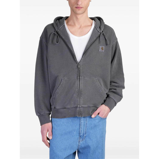 Carhartt WIP Grey Sweater with Zip and Hoodie, Model Wearing Medium Size