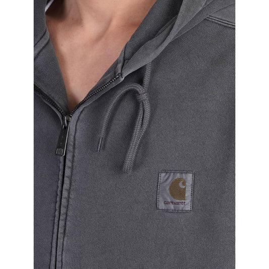 Carhartt WIP grey hoodie with logo, zip fastening, drawstring hood, side pockets, and ribbed hem and cuffs. Cotton material.