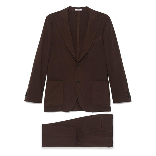 Boglioli wool double-breasted coffee suit with button fastening and internal slip pocket, matching pants included.