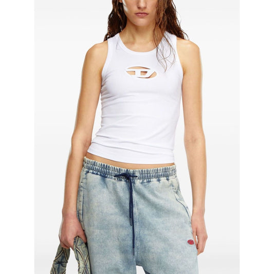 Diesel Top White - Sleeveless crew neck with Oval D logo, organic cotton jersey texture for stylish comfort.