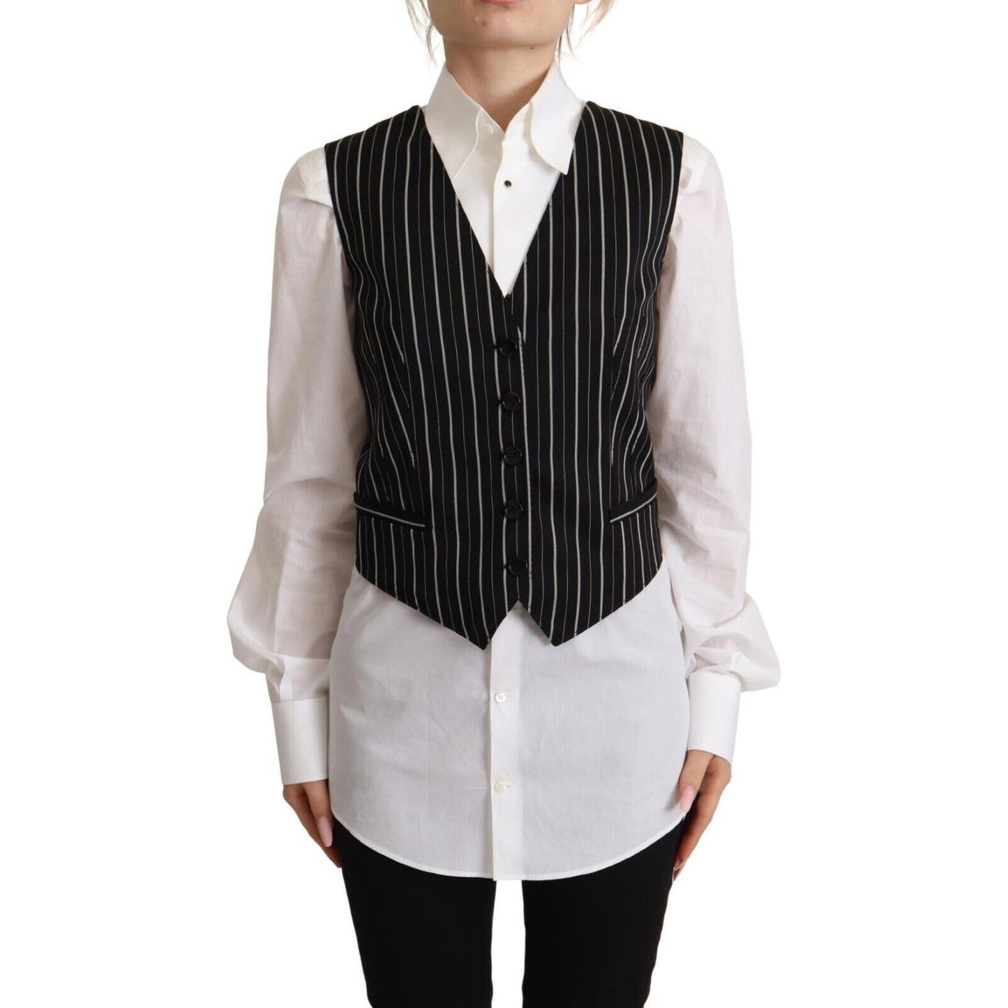 Dolce & Gabbana Black Stripes Wool V-neck Sleeveless Button Vest Top TSH7622 - 40