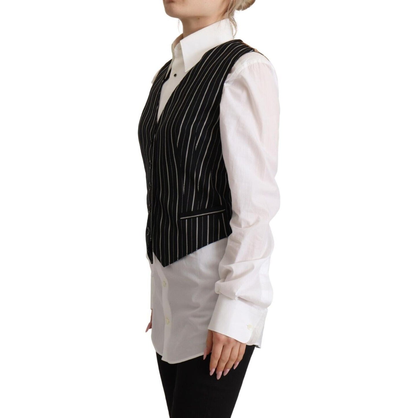 Dolce & Gabbana Black Stripes Wool V-neck Sleeveless Button Vest Top TSH7622 - 40