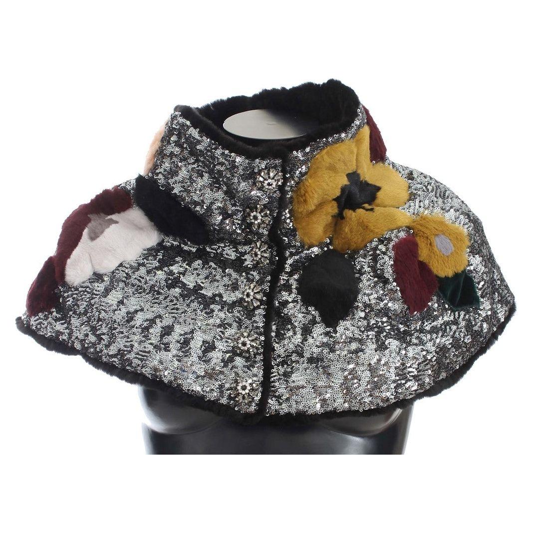 Dolce & Gabbana Silver Sequined Floral Weasel Fur Shoulder Scarf Wrap
