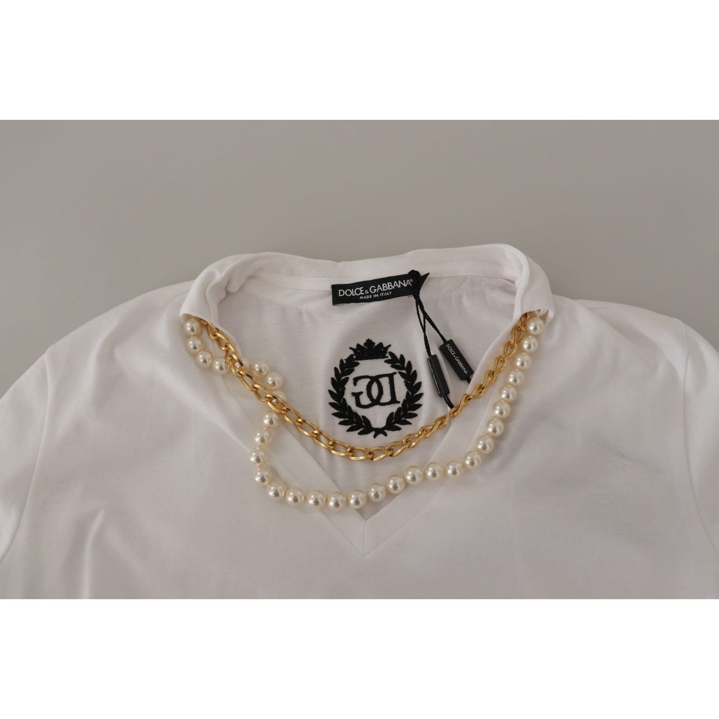 Dolce & Gabbana White Necklace Embellished Neckline T-shirt Top