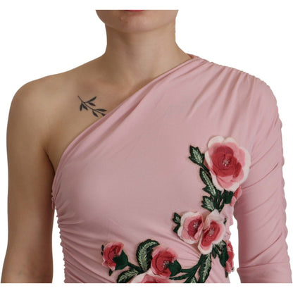Dolce & Gabbana Pink Flower Embellished One Shoulder Dress