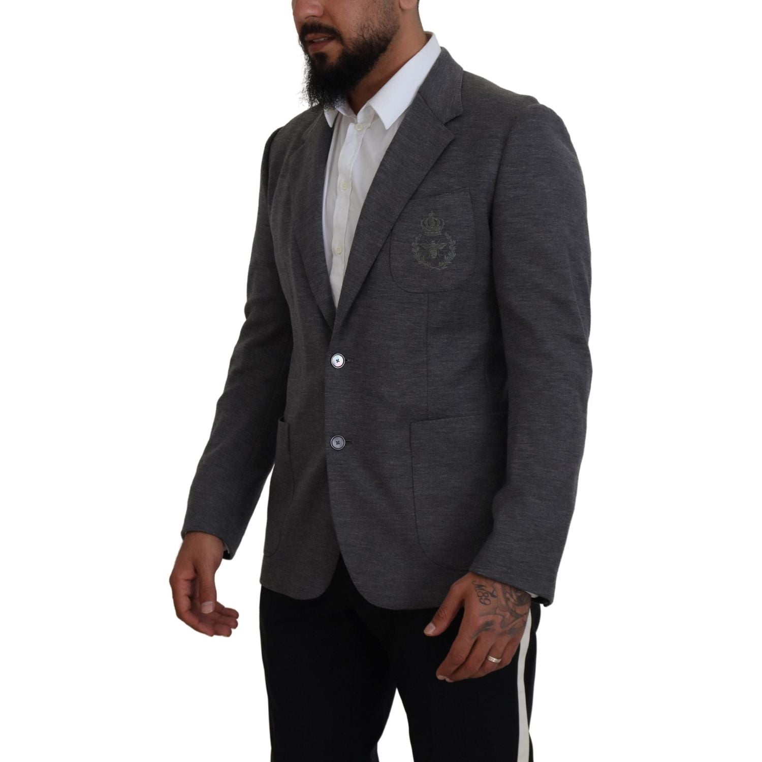 سترة صوفية رمادية أنيقة من دولتشي آند غابانا مع تطريز على شكل تاج النحل