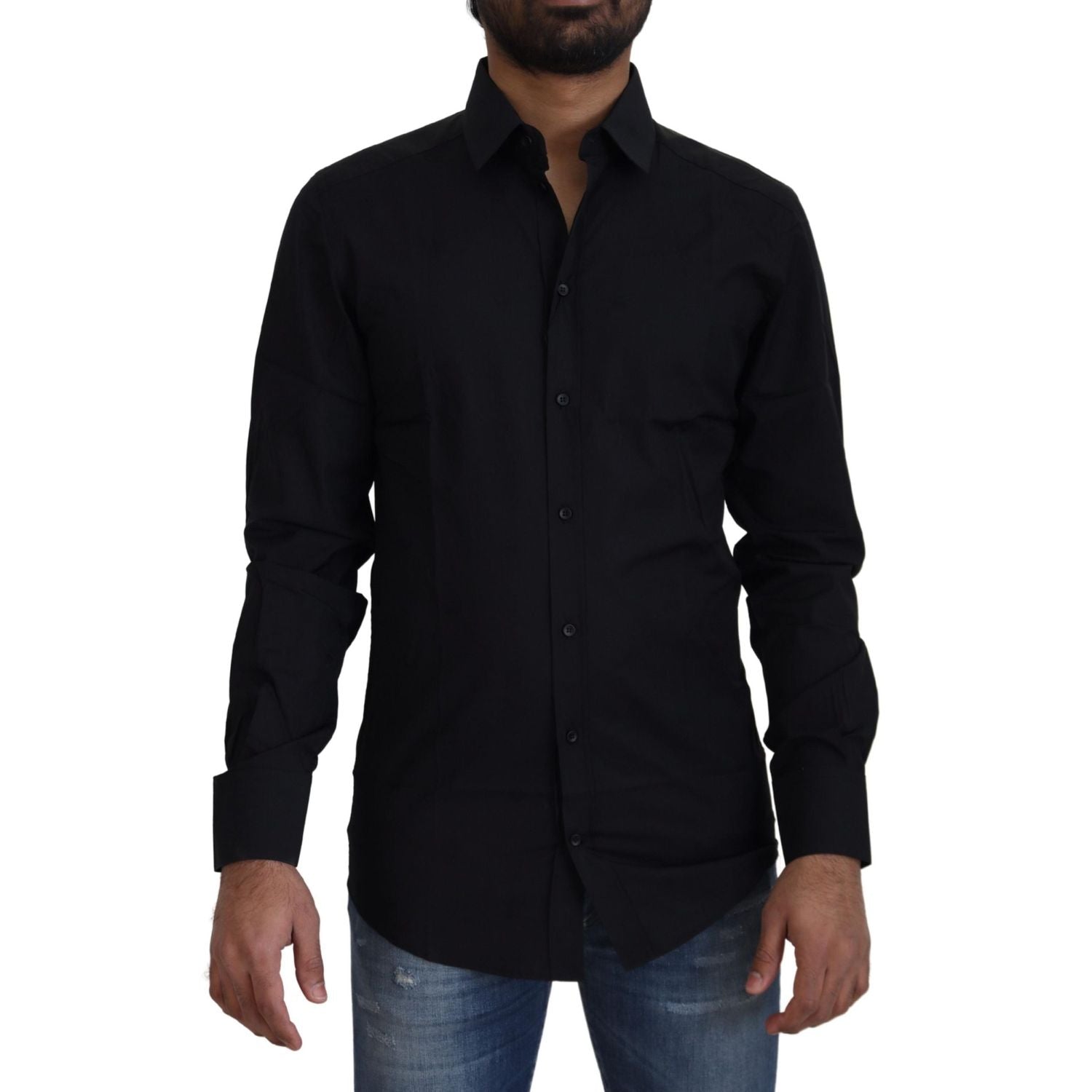 Dolce & Gabbana Black Cotton Slim Fit Formal Dress GOLD Shirt